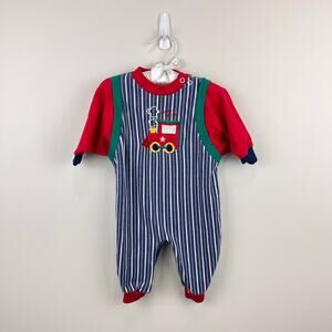 Vintage Healthtex Striped Train Coverall Romper 6-9 Months USA